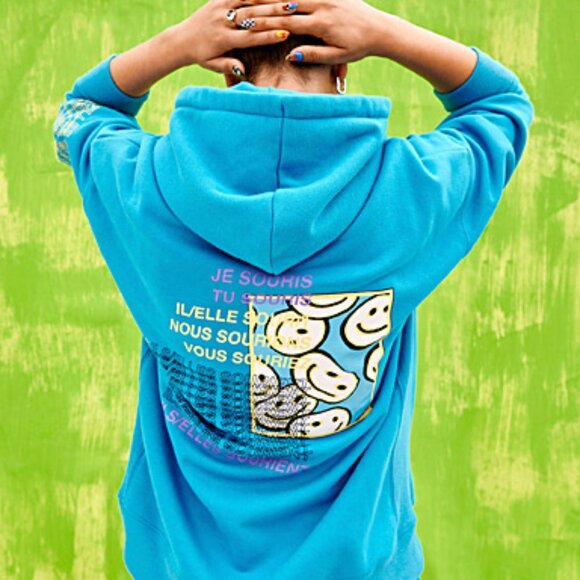 Positive Attitude Happy Smiley Print Hoodie (Blue) - Picture 1 of 8